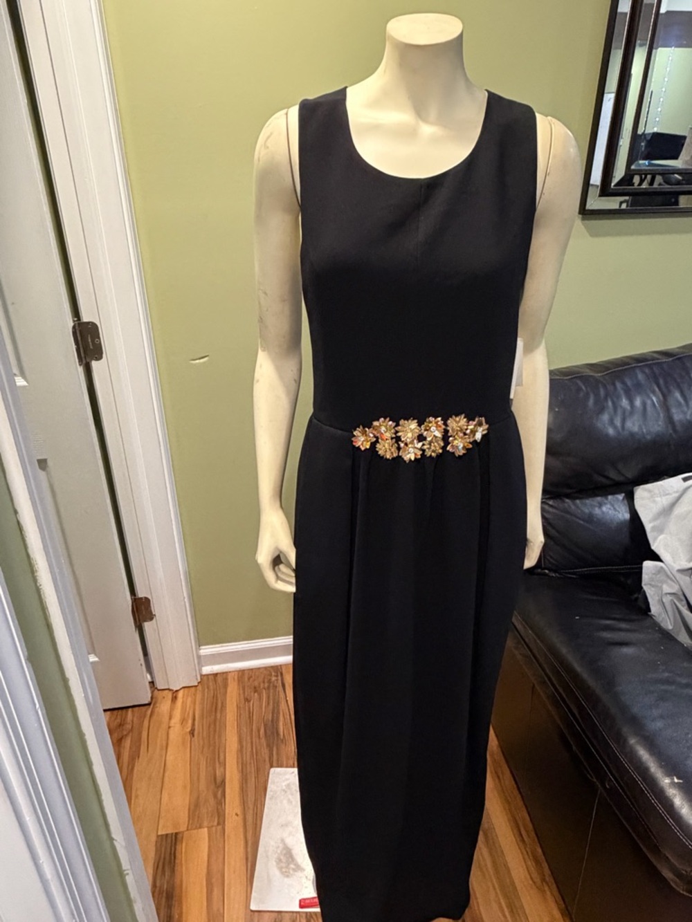 Tory Burch Black Sleeveless Maxi Dress with Gold Floral Waist Detail